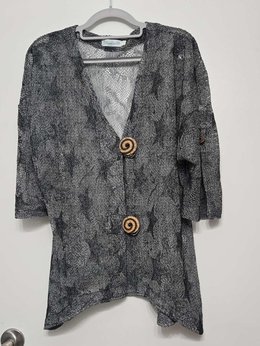 Lulu-B Black and Gray Open Knit Cardigan with Wooden Buttons